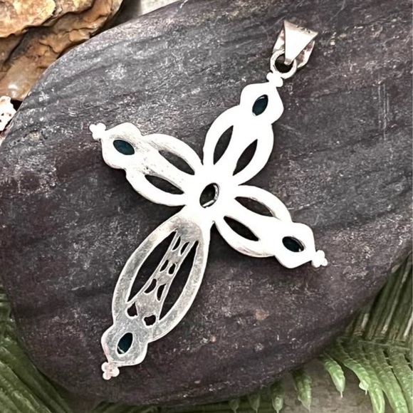 Blue Topaz & Peridot Sterling Silver 2.5” Cross Pendant - Picture 5 of 7